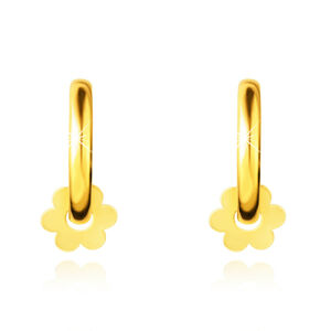 14K zlaté náušnice – krúžky, posuvný zrkadlovolesklý kvietok, 12 mm