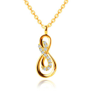 9K náhrdelník v žltom zlate - symbol prepletené nekonečno, číre zirkóny, ploché očká