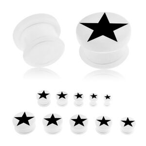 Akrylový plug bielej farby do ucha, čierna päťcípa hviezda, priehľadná gumička - Hrúbka: 20 mm