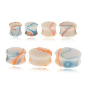 Akrylový plug do ucha, béžová farba, modro-oranžové línie - Hrúbka: 16  mm, Farba: Oranžovo-žltá