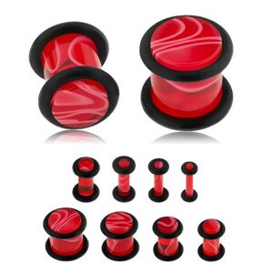 Akrylový plug do ucha, červená farba, mramorový vzor, čierne gumičky - Hrúbka: 5 mm