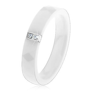 Biely keramický prsteň s hladkým povrchom, oceľový obdĺžnik so zirkónmi - Veľkosť: 55 mm