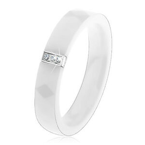 Biely keramický prsteň s hladkým povrchom, oceľový obdĺžnik so zirkónmi - Veľkosť: 67 mm