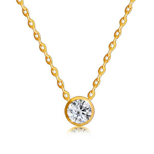 Briliantový náhrdelník z 9K zlata - okrúhly diamant v lesklej objímke, tenká retiazka