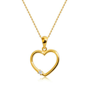 Briliantový náhrdelník zo 14K žltého zlata - kontúra srdca, okrúhly diamant, tenká retiazka
