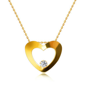 Briliantový náhrdelník zo žltého 14K zlata - silueta srdca s výrezom, okrúhly diamant v spodnej časti