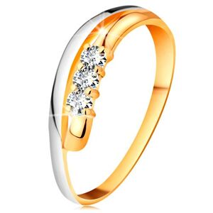 Briliantový prsteň v 18K zlate, zvlnené dvojfarebné línie ramien, tri číre diamanty - Veľkosť: 49 mm