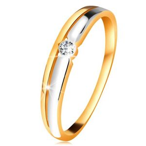 Briliantový prsteň zo 14K zlata - číry diamant v okrúhlej objímke, dvojfarebné línie - Veľkosť: 57 mm