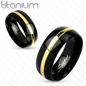 Čierna obrúčka z titánu, lesklý oblý povrch, pás zlatej farby, 8 mm - Veľkosť: 67 mm