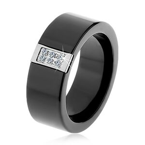 Čierny keramický prsteň s hladkým povrchom, oceľový obdĺžnik so zirkónmi - Veľkosť: 63 mm