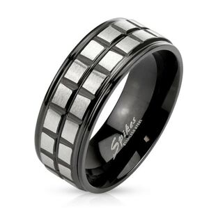 Čierny oceľový prsteň, dve línie z matných štvorcov striebornej farby - Veľkosť: 62 mm