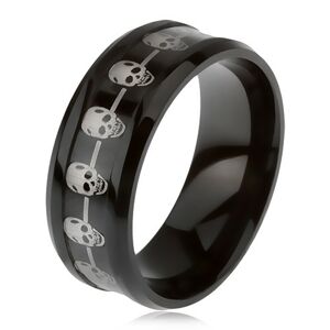 Čierny prsteň z ocele 316L, znížený stred s líniou lebiek - Veľkosť: 59 mm