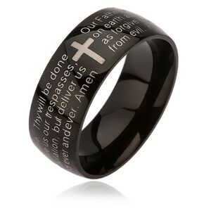 Čierny prsteň z ocele, kríž striebornej farby, modlitba Otčenáš - Veľkosť: 62 mm