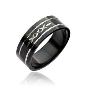 Čierny prsteň z ocele - vyryté krížiky - Veľkosť: 58 mm