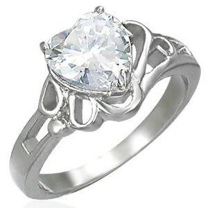 Dámsky lesklý oceľový prsteň, veľké číre zirkónové srdce - Veľkosť: 51 mm