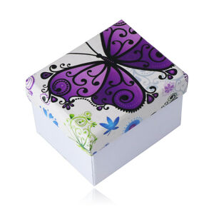 Darčeková krabička na náušnice alebo prsteň - biela farba, vrchná časť zdobená fialovým motýľom