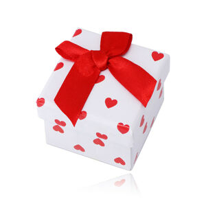 Darčeková krabička na náušnice alebo prsteň bielej farby, červené srdiečka, mašlička