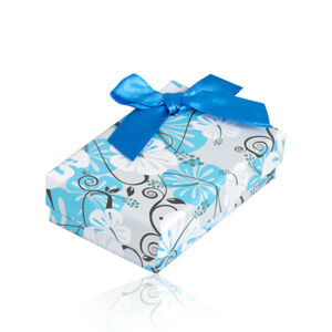 Darčeková krabička na set alebo náhrdelník, orientálny kvetinový vzor v bielo modrej kombinácii farieb, mašľa