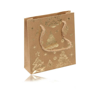 Darčeková taška z papiera - hnedo zlatej farby, vianočný motív, šnúrky
