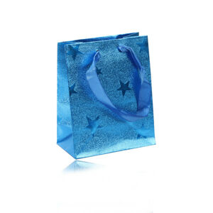 Darčeková taštička modrej farby - s vyobrazením hviezd, ryhovaný povrch, stužky