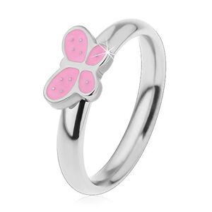 Detský prsteň z chirurgickej ocele, strieborný odtieň, motýlik s ružovou glazúrou - Veľkosť: 49 mm