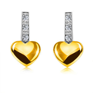 Diamantové náušnice z 9K žltého zlata - pásik s briliantmi, hladké srdce, puzetky, ródiované