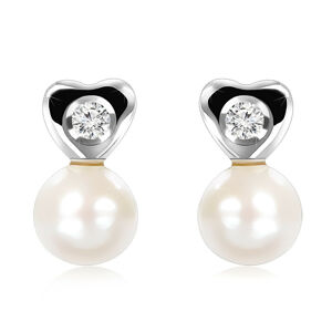 Diamantové náušnice z bieleho 14K zlata - drobné srdce, číry briliant, biela perla