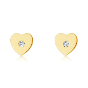 Diamantové náušnice zo 14K žltého zlata - srdiečko s drobným briliantom