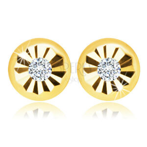 Diamantové náušnice zo žltého 14K zlata - okrúhly kvietok, číry briliant, puzety