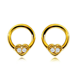 Diamantové náušnice zo žltého 9K zlata - úzky krúžok s malým srdcom, okrúhle diamanty