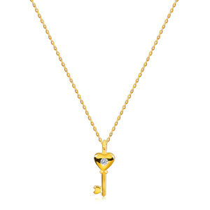 Diamantový náhrdelník zo žltého 585 zlata - srdiečkový kľúčik, okrúhly briliant, tenká retiazka
