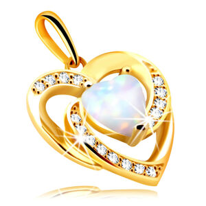 Diamantový prívesok zo žltého 14K zlata - srdce z bieleho syntetického opálu, číre brilianty