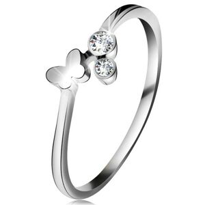 Diamantový prsteň z bieleho 14K zlata - dva číre brilianty, lesklý motýlik - Veľkosť: 62 mm
