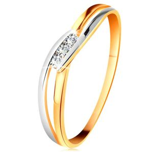 Diamantový prsteň zo 14K zlata, tri číre brilianty, rozdelené zvlnené ramená - Veľkosť: 56 mm