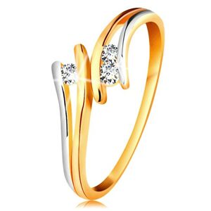 Diamantový zlatý prsteň 585, tri žiarivé číre brilianty, rozdelené dvojfarebné ramená - Veľkosť: 52 mm