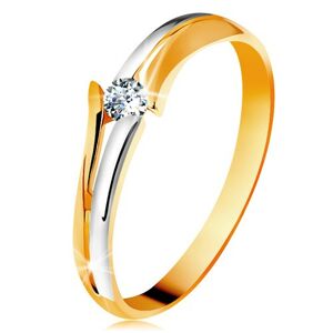 Diamantový zlatý prsteň 585, žiarivý číry briliant, rozdelené dvojfarebné ramená - Veľkosť: 48 mm