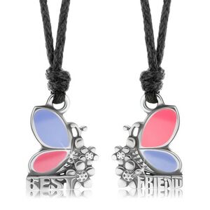 Dva náhrdelníky pre priateľov, ružovo-fialové motýle, kvietky, BEST FRIEND