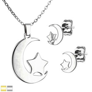 Dvojdielny set z chirurgickej ocele - náušnice a náhrdelník v tvare polmesiaca s hviezdou - Farba: Zlatá