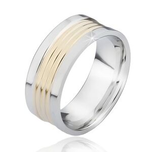 Dvojfarebný oceľový prsteň so zaoblenými pásmi zlatej farby - Veľkosť: 61 mm