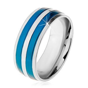 Dvojfarebný oceľový prsteň, tenké pásy v modrom a striebornom odtieni, zárezy, 8 mm - Veľkosť: 65 mm