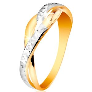 Dvojfarebný prsteň v 14K zlate - rozdelené a zvlnené línie ramien, ligotavé zárezy - Veľkosť: 54 mm