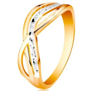 Dvojfarebný prsteň v 14K zlate - zvlnené a rozvetvené línie ramien, ryhy - Veľkosť: 48 mm