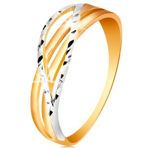 Dvojfarebný prsteň zo 14K zlata - rozvetvené a zvlnené línie ramien, zárezy - Veľkosť: 51 mm