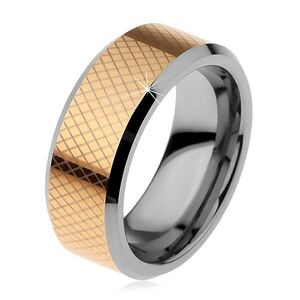 Dvojfarebný volfrámový prsteň, drobné kosoštvorce, skosené okraje, 8 mm - Veľkosť: 52 mm