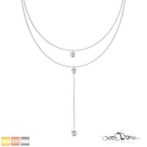 Dvojitý náhrdelník z chirurgickej ocele - číre krištáliky v objímkach, PVD, karabínka - Farba: Strieborná