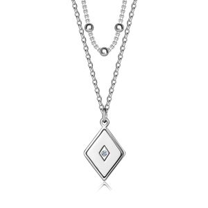 Dvojitý náhrdelník zo striebra 925 - kosoštvorec s čírym diamantom uprostred, hladké guličky, platinované