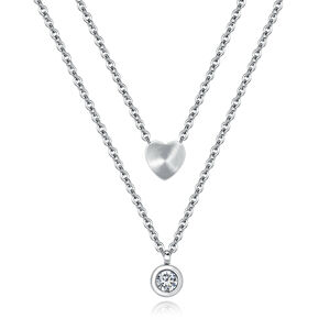 Dvojitý oceľový náhrdelník - srdce a číry zirkón v objímke, strieborná farba