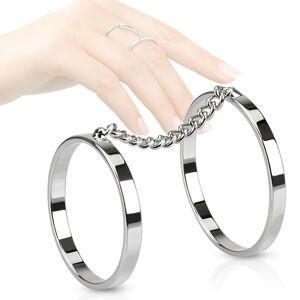 Dvojitý prsteň z ocele, ródiované obrúčky spojené retiazkou - Veľkosť: 57 mm
