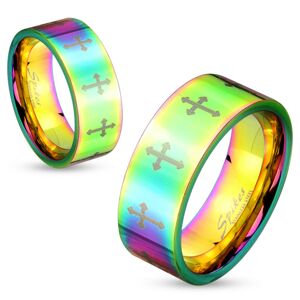 Farebný oceľový prsteň s lesklým povrchom a krížikmi striebornej farby, 6 mm - Veľkosť: 52 mm