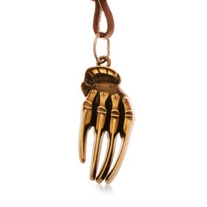 Hnedý náhrdelník z umelej kože, patinovaná ruka kostry mosadznej farby